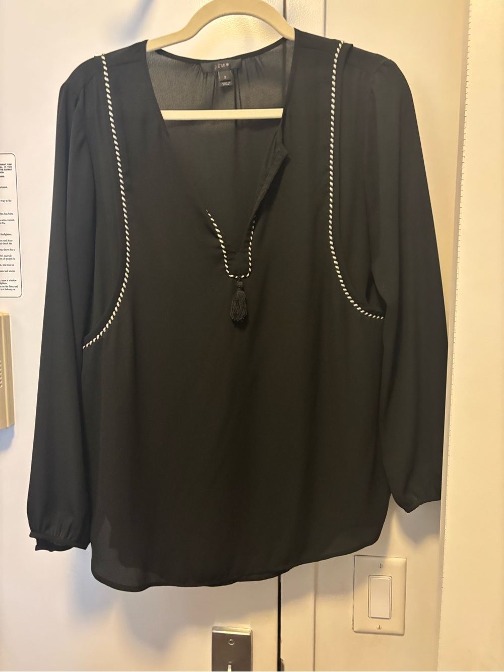 J. Crew Black Long-Sleeve Tassel V-Neck Blouse with Contrast Trim